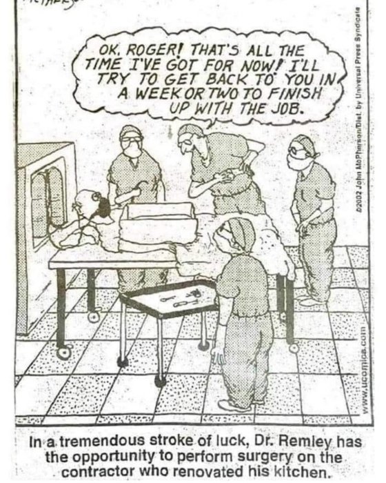 Serieteckning, skämt om kirurg, oavslutat arbete, ironisk syn på tur, operationsrum, läkare, patient.
