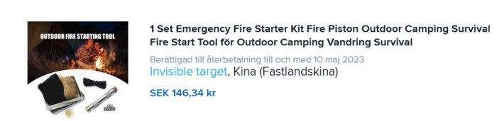 Eldstartningsverktyg för utomhusbruk, nödsituationer, camping, vandring, innefattar tändstål och tändpiston. Reklambild och pris på svenska.