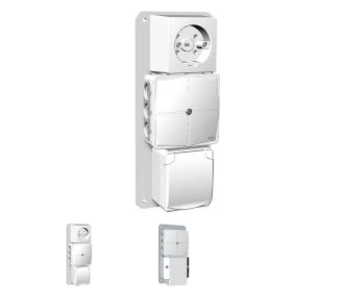 Vit väggmonterad sensor för hemautomationssystem i olika vinklar. Säkerhet, modern teknik.