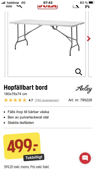 Hopfällbart vitt bord, ben av stål, 4.7 i betyg, kostar 499 kronor, "Tokbilligt".