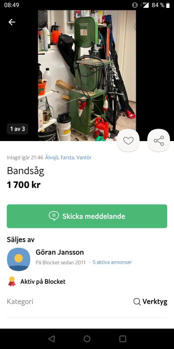 En skärmdump av en online-annons för en bandsåg till salu för 1700 kronor.