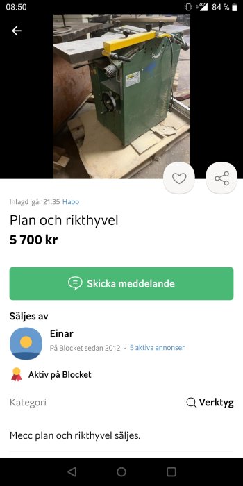 Begagnad plan- och rikthyvel till salu för 5700 kronor på annonsplattform.