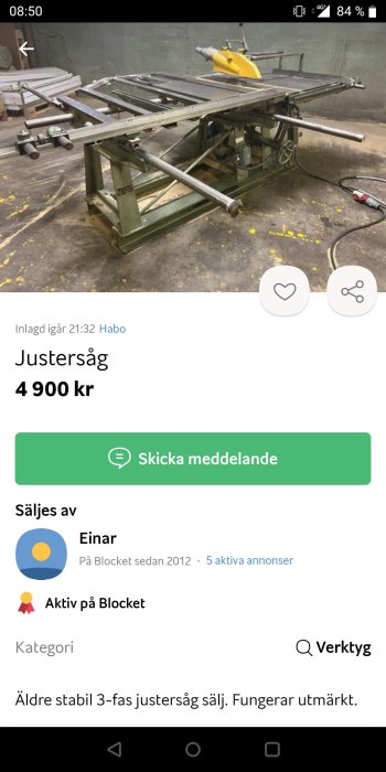 Äldre justersåg med gult sågbladsskydd i arbetsmiljö, till salu i annons.