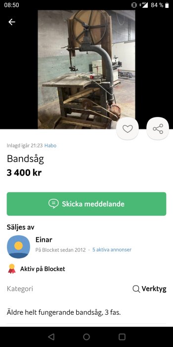 Äldre bandsåg till salu, 3400 kronor, helt fungerande, trefas.