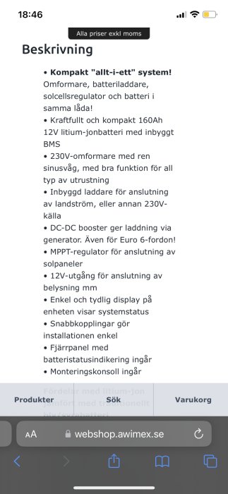 Skärmbild av webbsida; beskriver kompakt energisystem med omformare, laddare, regulator, batteri och tillbehör.