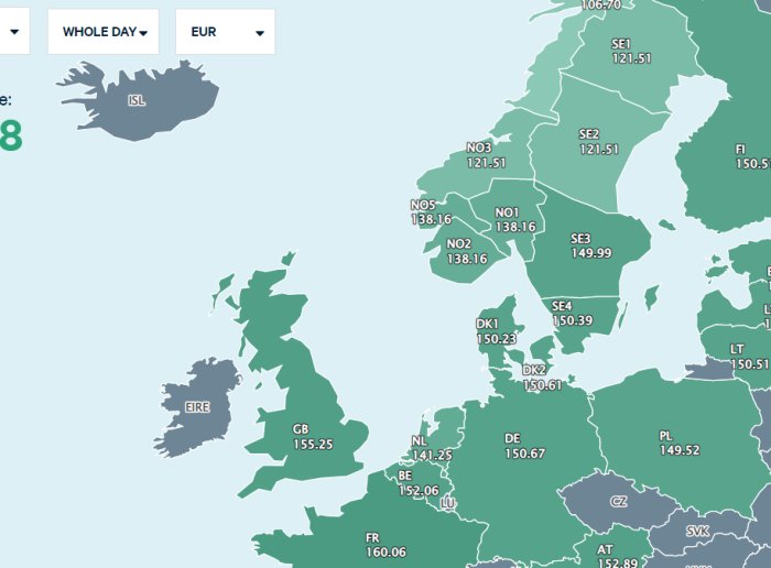 Karta över Europa med siffror, antagligen visar elpriser eller energikostnader i olika regioner.