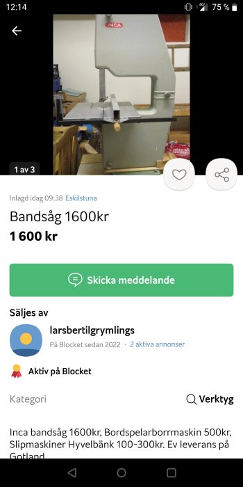 Bandsåg till salu, grå, märkt INCA, metallbord, i arbetsrum, onlineannons med pris och säljarinformation.