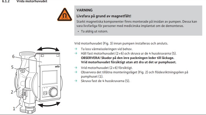 Instruktioner för att vrida motorhuvud på pump, varningsikon om magnetfält, installationsanvisningar.