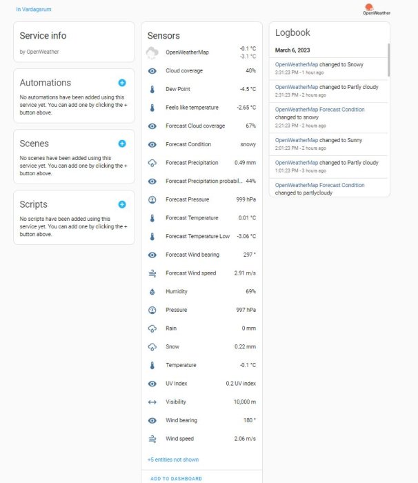 Skärmdump av en smarthemsgränssnitt som visar väderinformation och loggar förändringar, troligen för hemautomation.