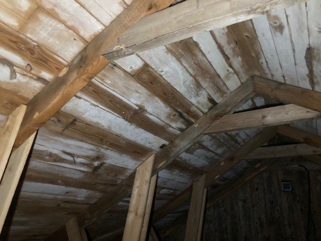 Träbjälkar och paneler under ett lutande tak, oskyddad isolering, inomhus, möjligt vindutrymme.