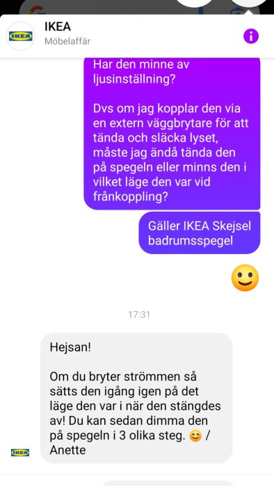 Kundservicechatt med IKEA om minnesfunktionen för ljusinställning på en badrumsspegel.