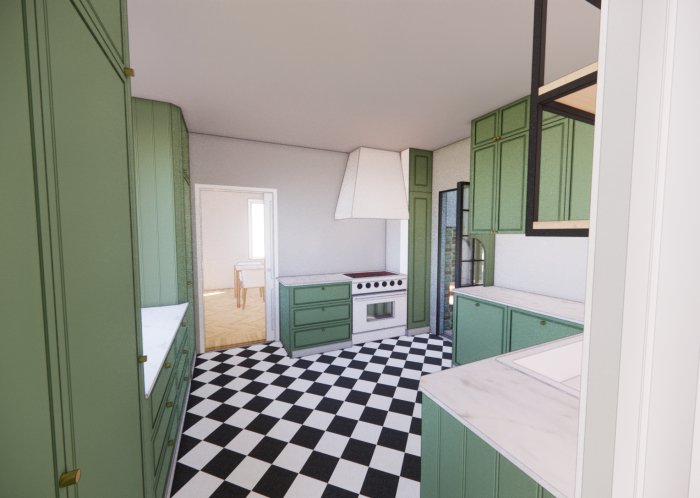 3D-rendering av ett ljust kök med gröna skåp och svartvitt schackrutigt golv.
