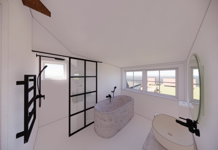 Modernt badrum, marmordetaljer, frittstående badkar, svarta kranar, glasduschvägg, lutande tak, vidsträckt utsikt.