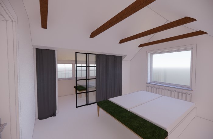 Modern, minimalistisk sovrum rendering med vitt tema, träbalkar och gröna accenter.