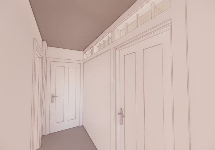 En illustration av en tom korridor med släta dörrar och ljus färgsättning.
