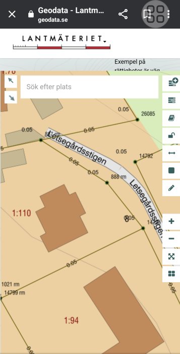 Skärmdump av en karta på en mobilwebbläsare från Lantmäteriet, med sökfunktion och mätverktyg synliga.