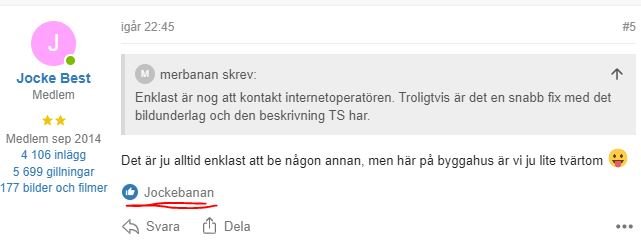 Skärmdump av en forumdiskussion där en användare svarar på en annan användares kommentar.