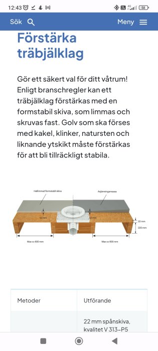 Skärmdump av en hemsida som visar hur man förstärker ett träbjälklag med formstabil skiva och avjämningsmassa, med dimensioner angivna.