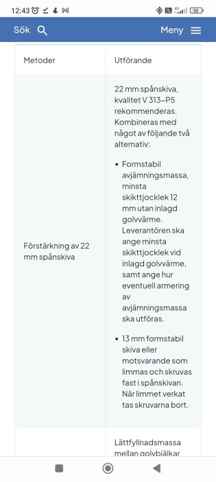 Skärmbild av mobiltelefon med teknisk text på svenska om golvläggningsmaterial och metod.