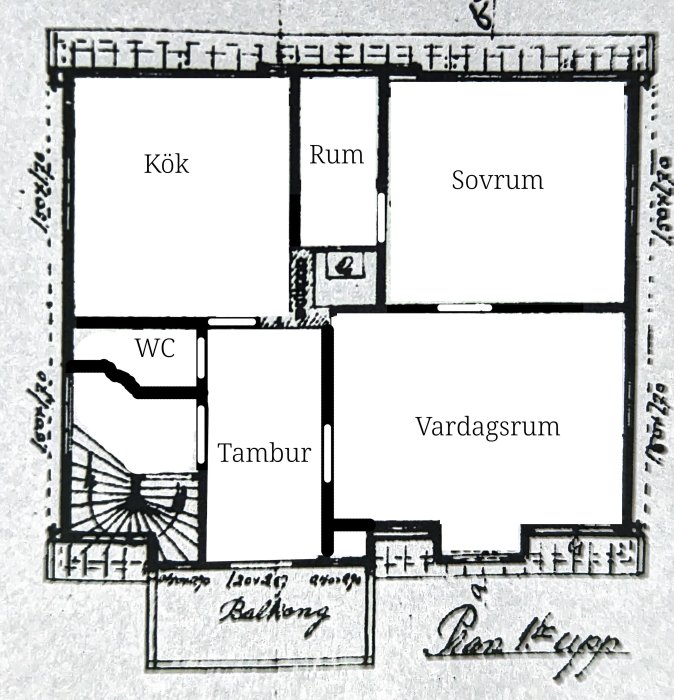 Svartvit ritning av en lägenhetsplan med kök, vardagsrum, sovrum, rum, WC och balkong.