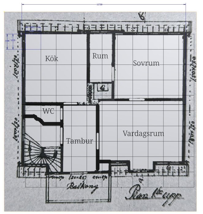 Arkitektonisk ritning av en lägenhet med kök, vardagsrum, sovrum, rum, WC, tambur.