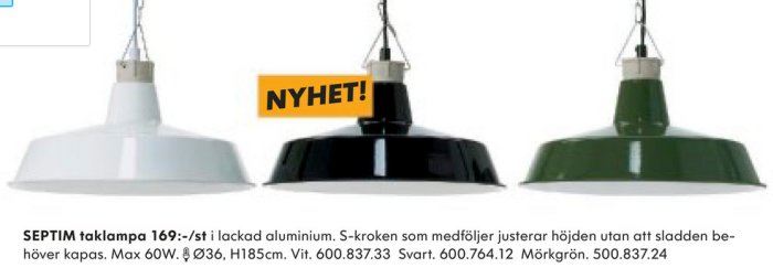 Tre olika färgade SEPTIM taklampor i lackad aluminium; vit, svart, mörkgrön. Text beskriver produktinformation och priser.