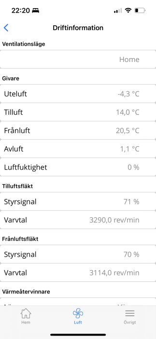 Skärmavbild av app för driftinformation av ventilationsystem med olika temperatur- och driftsdata på svenska.