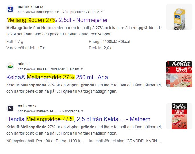 Sökmotorns resultat om Mellangrädde 27%, inkluderar beskrivningar och bilder på förpackningar.