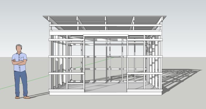 3D-modell av byggkonstruktion med armeringsjärn, person framför, skuggor på marken.