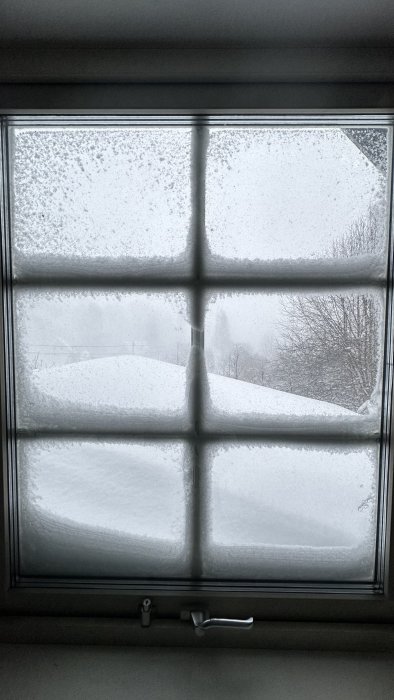 Fönster med snötäckt utsikt och frost, hintar om en kall, grå vinterdag.