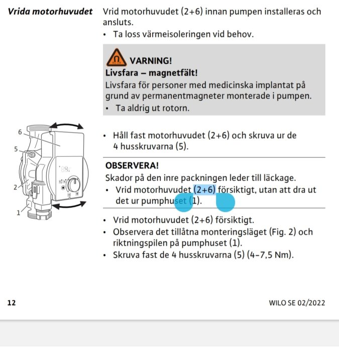 Installationsinstruktion för pump, varningsmärke om magnetfält, skruv- och monteringsinstruktioner, teknisk ritning.