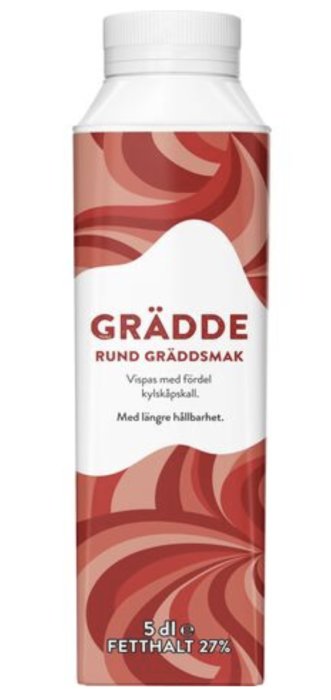 Förpackning grädde, rund smak, 5dl, 27% fett, längre hållbarhet, vispas kall.