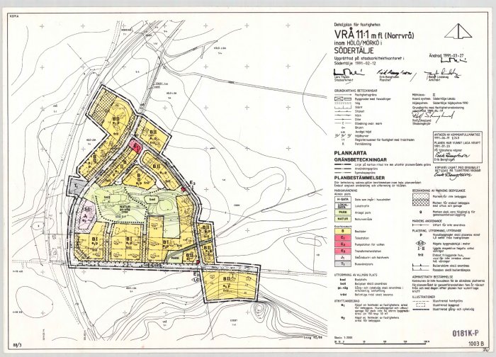Detaljplan för fastigheten i Södertälje, innehåller markanvändning, symboler, anteckningar, datum, skala.