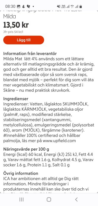 Produktinformation och pris för Milda Mat lätt matlagningsgrädde, ingredienser och näringsvärde visas i en onlinebutik.