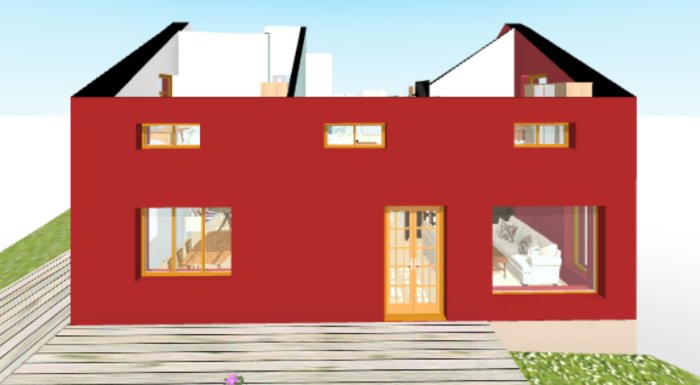Rödfärgat hus med två våningar, synliga fönster och en terrass, digitalt renderat i 3D-modellering.
