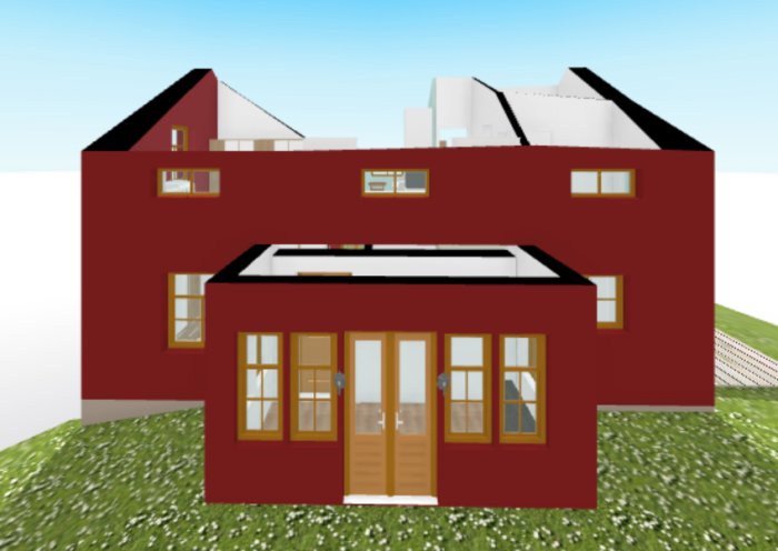 Digital rendering av rött hus med vita fönster mot gräsbeklädd sluttning, enkel 3D-modell, arkitektonisk visualisering.