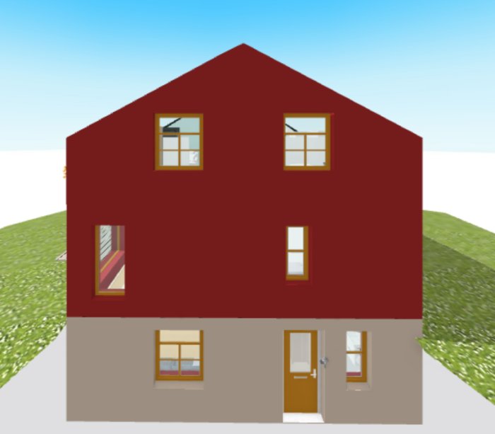 Datorgenererat hus, röd fasad, vita fönster, grå grund, enkelt landskap, grön gräsmatta, klar himmel.