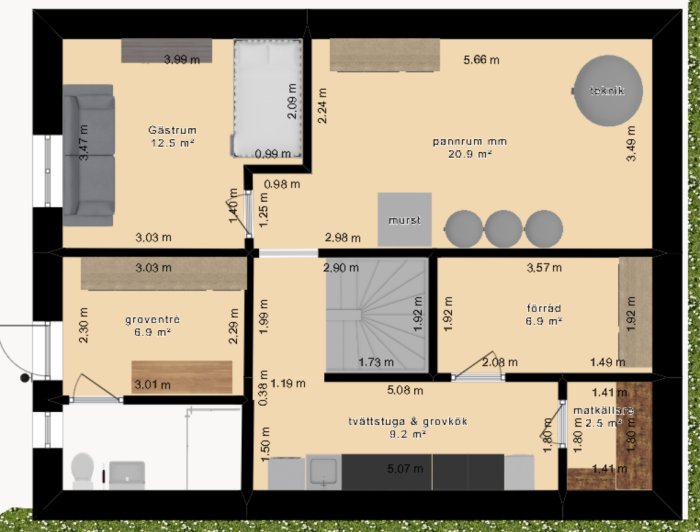 Planritning av en bostad med olika rum, möblering och måttangivelser.