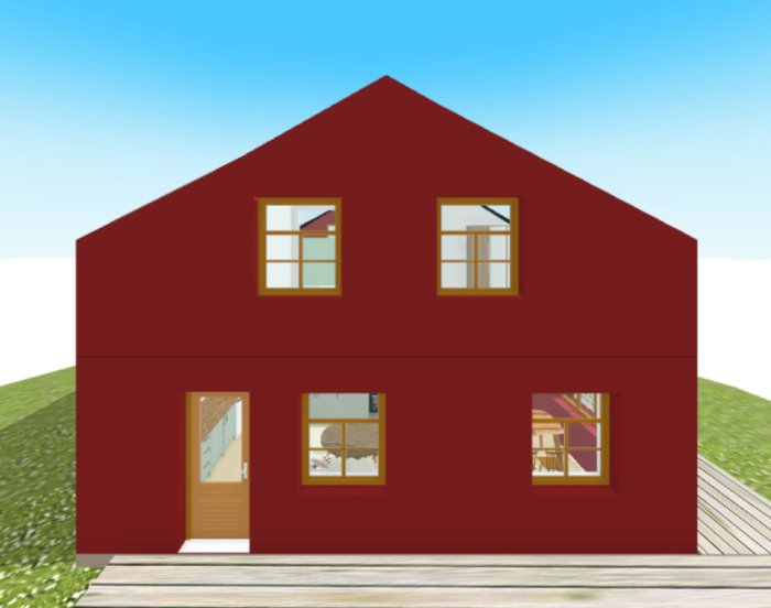 Röd tvåvåningshusillustration, fönster, dörr, synlig interiör, enkel himmel och gräsbackgrund, saknar detaljer.