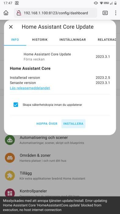 Skärmdump av Home Assistant uppdateringsgränssnitt, felmeddelande om ingen internetanslutning.