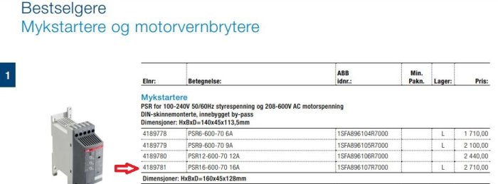 Produktblad för mjukstartare, ABB-märkta, tekniska specifikationer, artikelnr, lagerstatus och priser inkluderade.