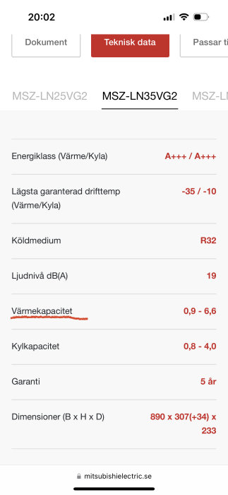 Skärmavbild av teknisk specifikation för Mitsubishi luftvärmepump, energiklass A+++, svensk text.