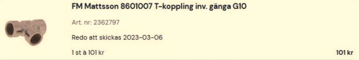 T-koppling för rörinstallation, metall, produktinformation och pris visas.