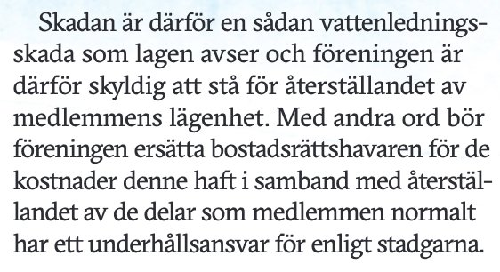 Svensk text om vattenskada, lagar, föreningens ansvar samt ersättning till bostadsrättshavare.