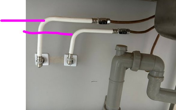 Väggmonterade rör i olika material och dimensioner, installation med klammer, ojämn färgmarkering.