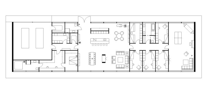 Arkitektonisk ritning, planlösning, flera rum, möbleringssymboler, detaljteckning, bostadsutformning, modern layout.