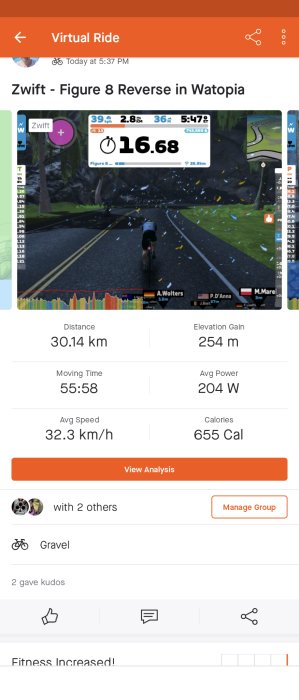 Skärmdump av en virtual Zwift cykelritt. Distans: 30.14 km, höjdvinst: 254 m, flyttid: 55:58.