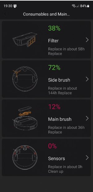 Mobils gränssnitt för robotdammsugares delar, visar resterande livslängd och bytestidpunkter för filter, borstar, sensorer.