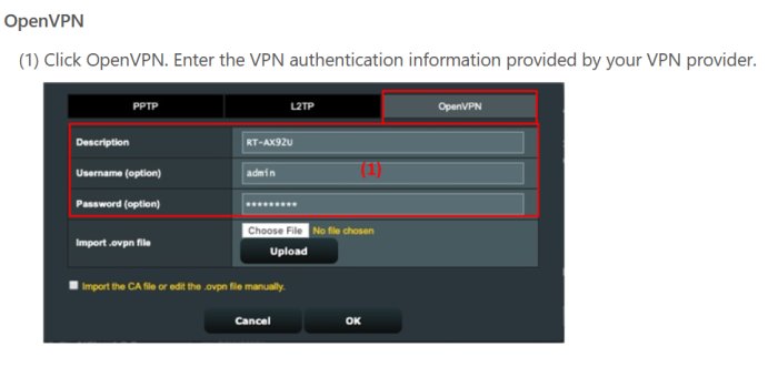 Skärmdump visar VPN-inställningar för användarnamn, lösenord och .ovpn-filimport, rödmarkeringar och instruktionstext.