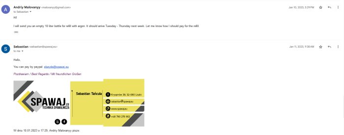 E-postkonversation angående argonflaskpåfyllning, betalningsinstruktioner via PayPal, signatur med kontaktuppgifter.